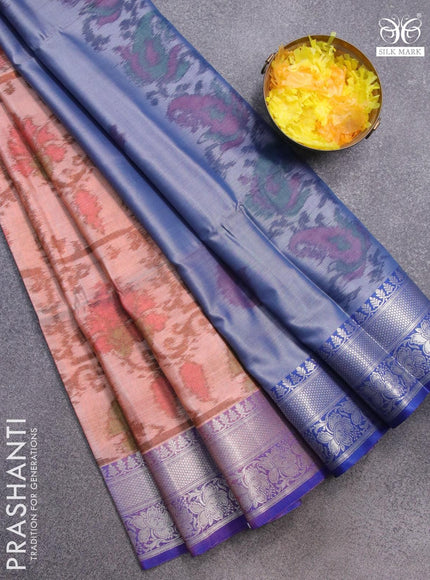 Banarasi semi tussar saree peach shade and blue with allover ikat weaves and silver zari woven border