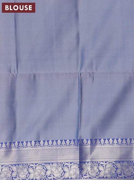 Banarasi semi tussar saree peach shade and blue with allover ikat weaves and silver zari woven border