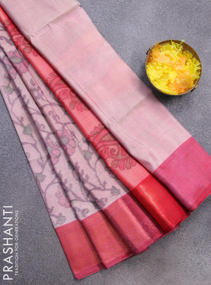 Banarasi semi tussar saree pastel pink and maroon with allover ikat weaves and copper zari woven border