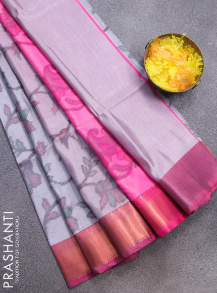 Banarasi semi tussar saree dual shade of grey and pink with allover ikat weaves and copper zari woven border