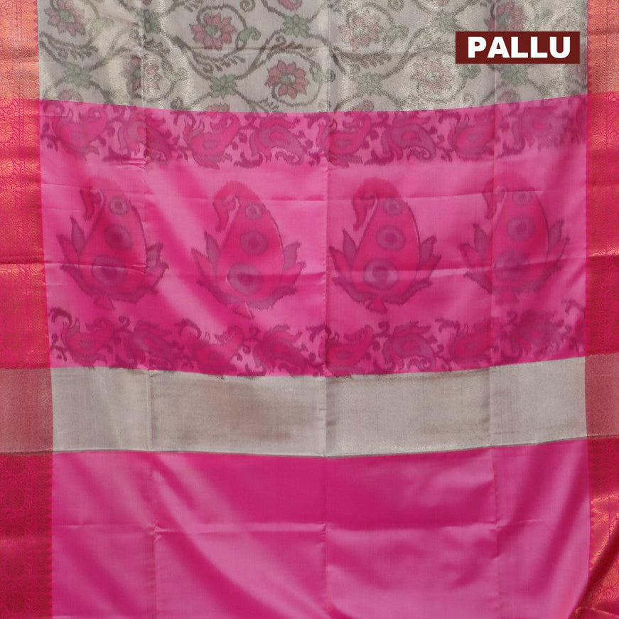 Banarasi semi tussar saree grey and pink with allover ikat weaves and copper zari woven border