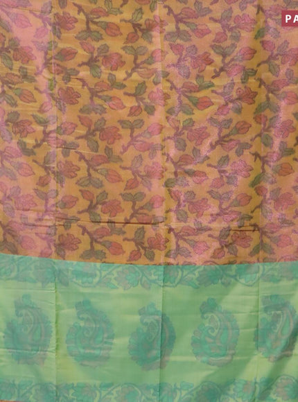 Banarasi semi tussar saree dual shade of yellow and teal green with allover ikat weaves and silver zari woven border