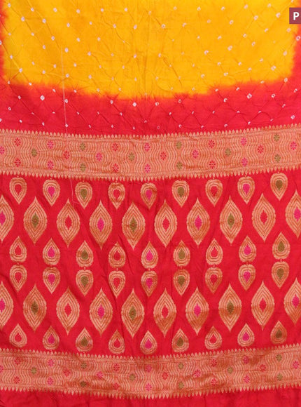 Bandhani saree mango yellow and red with allover bandhani prints and banarasi style border