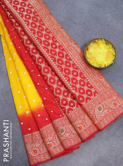 Bandhani saree mango yellow and red with allover bandhani prints and banarasi style border