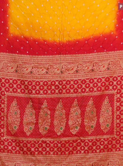 Bandhani saree mango yellow and red with allover bandhani prints and banarasi style border