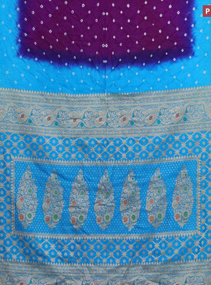 Bandhani saree purple and light blue with allover bandhani prints and banarasi style border