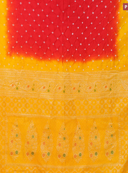 Bandhani saree red and mango yellow with allover bandhani prints and banarasi style border