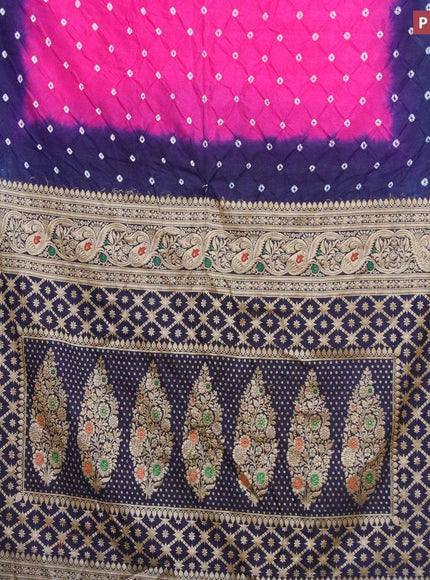 Bandhani saree pink and dark blue with allover bandhani prints and banarasi style border