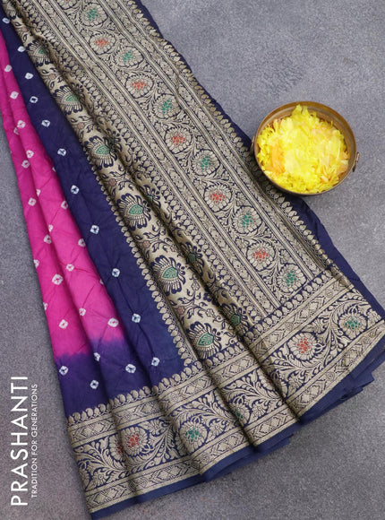 Bandhani saree magenta pink and blue with allover bandhani prints and banarasi style border