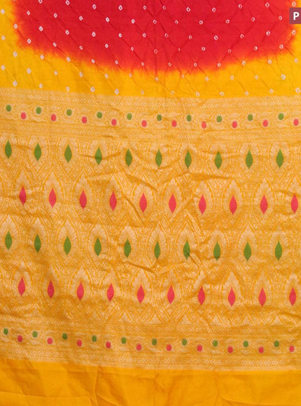 Bandhani saree red and mango yellow with allover bandhani prints and banarasi style border