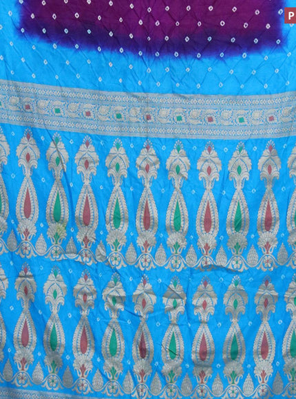 Bandhani saree purple and light blue with allover bandhani prints and banarasi style border