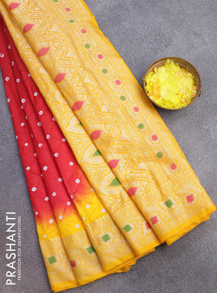 Bandhani saree red and mango yellow with allover bandhani prints and banarasi style border