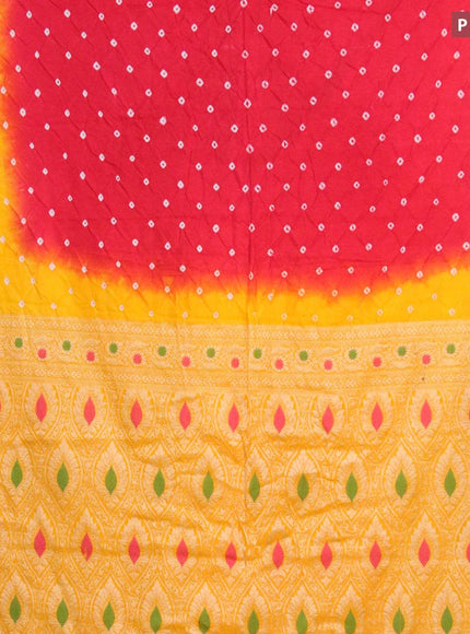 Bandhani saree red and mango yellow with allover bandhani prints and banarasi style border