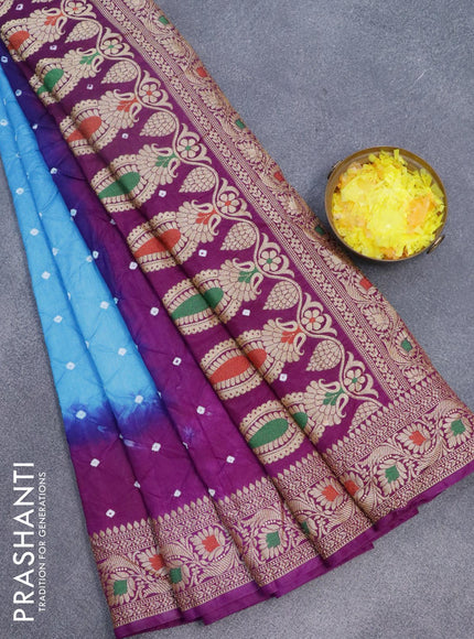 Bandhani saree light blue and purple with allover bandhani prints and banarasi style border