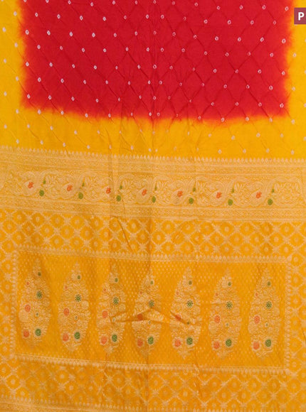 Bandhani saree red and mango yellow with allover bandhani prints and banarasi style border