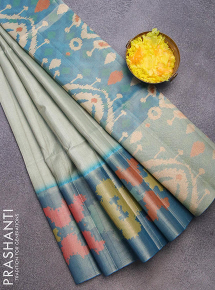 Semi matka saree pastel green and cs blue with plain body and ikat style border