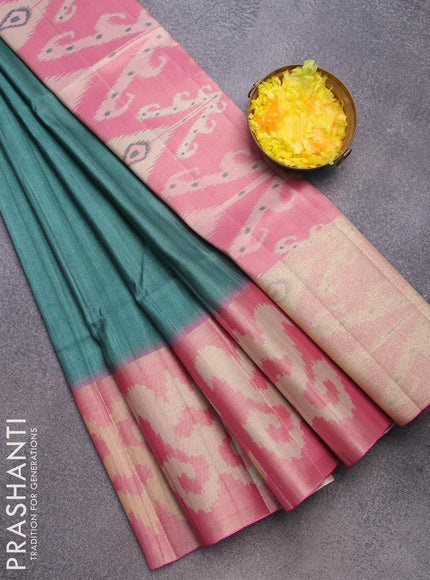 Semi matka saree green shade and pink with plain body and ikat style border