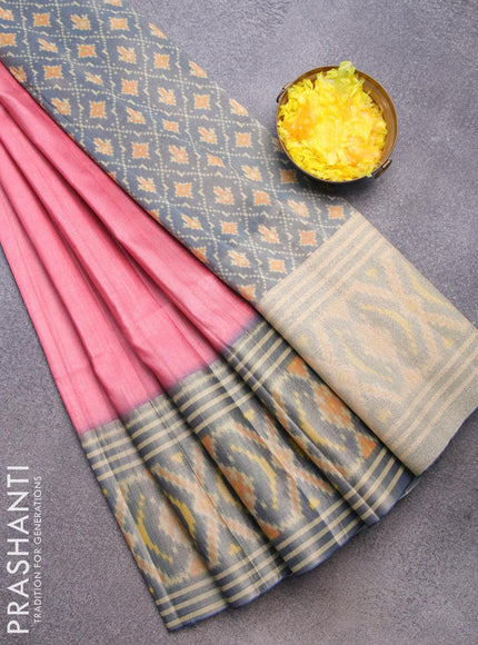 Semi matka saree light pink and blue with plain body and ikat style border