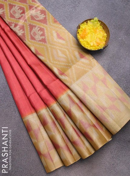 Semi matka saree red and mustard yellow with plain body and ikat style border