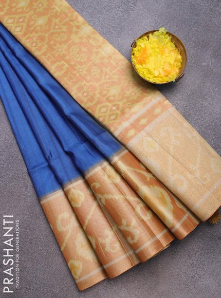 Semi matka saree blue and mustard yellow with plain body and ikat style border