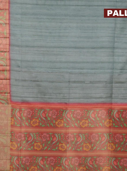 Semi matka saree pastel green and red shade with plain body and ikat style border