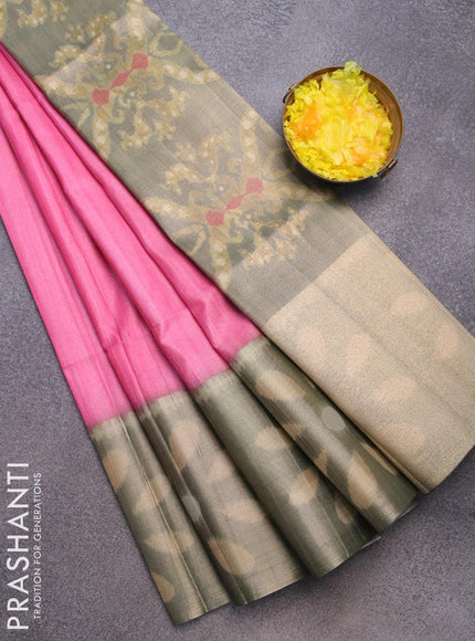 Semi matka saree light pink and grey with plain body and ikat style border