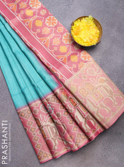 Semi matka saree teal blue and pink with plain body and ikat style border