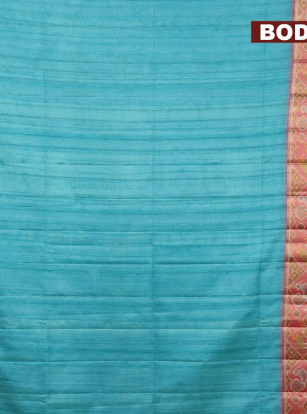 Semi matka saree teal blue and pink with plain body and ikat style border