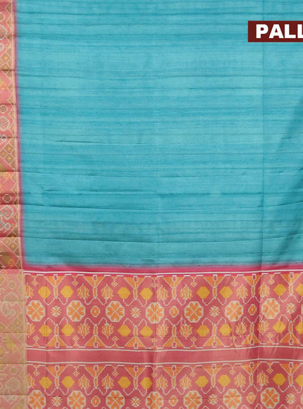 Semi matka saree teal blue and pink with plain body and ikat style border