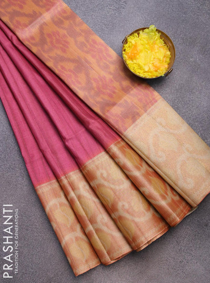 Semi matka saree magenta pink and pale orange with plain body and ikat style border