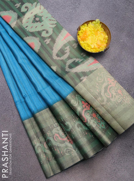 Semi matka saree teal blue and green with plain body and ikat style border