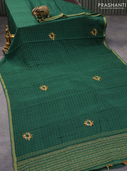 Semi crepe saree green with allover zari checked pattern & embroidery work buttas and small zari woven border