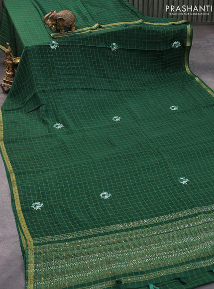 Semi crepe saree green with allover zari checked pattern & embroidery work buttas and small zari woven border