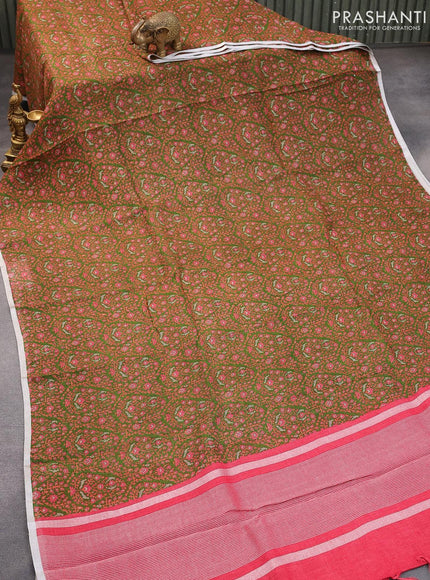 Pure linen saree green with allover prints and silver zari woven piping border