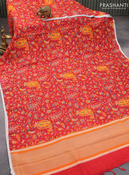 Pure linen saree red with allover prints and silver zari woven piping border