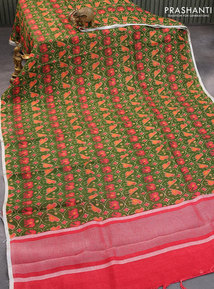 Pure linen saree green with allover patola prints and silver zari woven piping border