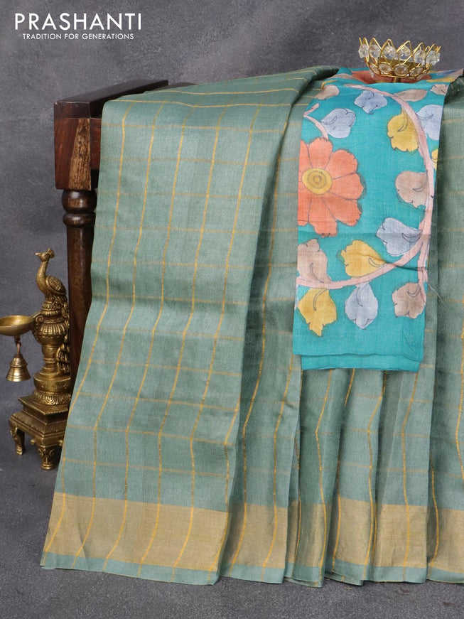 Pure tussar silk saree greyish green and teal blue with allover zari checked pattern and zari woven border and Kalamkari printed blouse