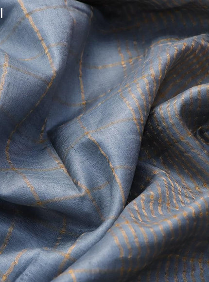 Pure tussar silk saree pastel grey and teal blue with allover zari checked pattern and zari woven border and Kalamkari printed blouse