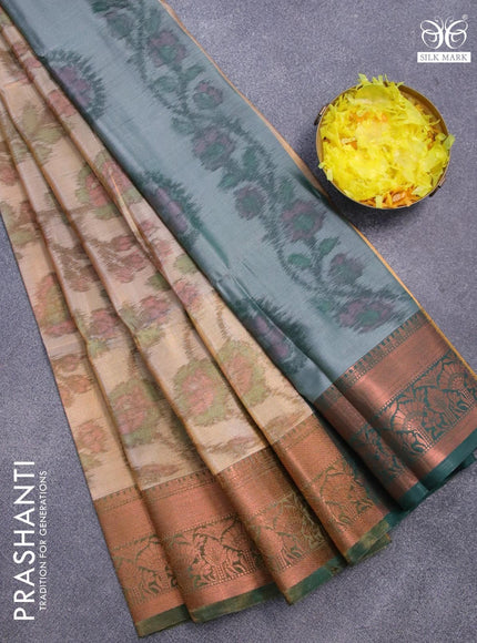 Banarasi semi tussar saree sandal and green with allover ikat weaves and copper zari woven border