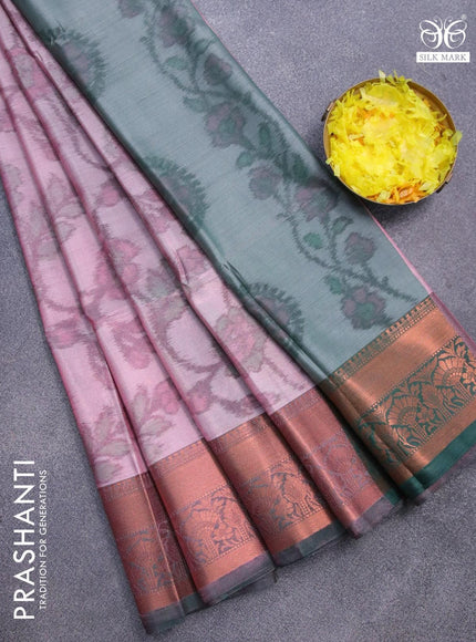 Banarasi semi tussar saree dual shade of pink and green with allover ikat weaves and copper zari woven border