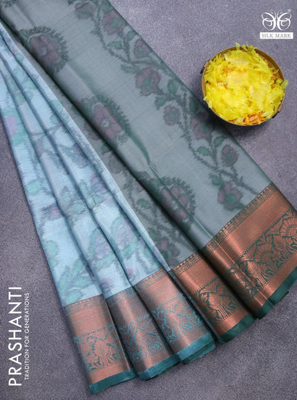 Banarasi semi tussar saree teal blue and green with allover ikat weaves and copper zari woven border