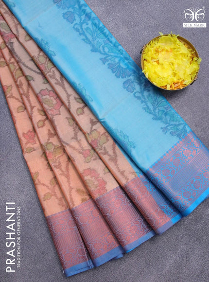 Banarasi semi tussar saree sandal and cs blue with allover ikat weaves and copper zari woven border