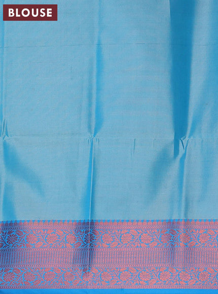 Banarasi semi tussar saree sandal and cs blue with allover ikat weaves and copper zari woven border