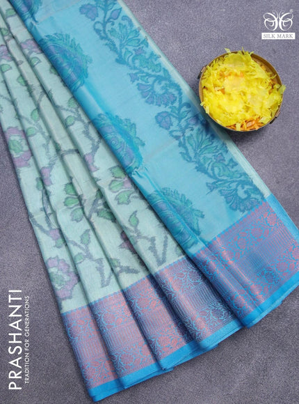 Banarasi semi tussar saree teal shade and cs blue with allover ikat weaves and copper zari woven border