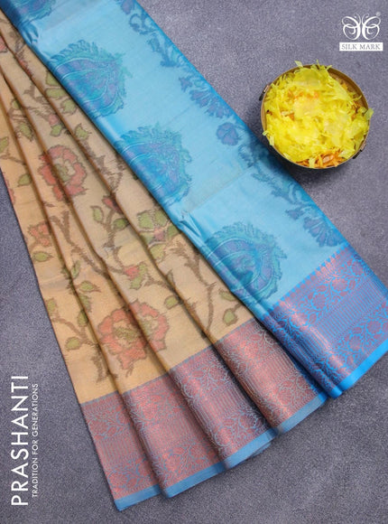 Banarasi semi tussar saree sandal and cs blue with allover ikat weaves and copper zari woven border