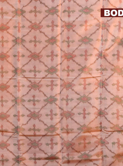 Banarasi semi tussar saree peach shade and wine with allover ikat weaves and copper zari woven border