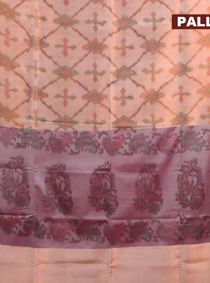 Banarasi semi tussar saree peach shade and wine with allover ikat weaves and copper zari woven border