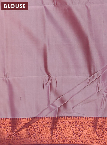 Banarasi semi tussar saree peach shade and wine with allover ikat weaves and copper zari woven border