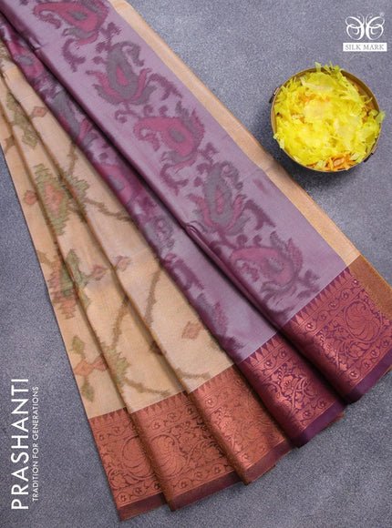 Banarasi semi tussar saree sandal and wine shade with allover ikat weaves and copper zari woven border