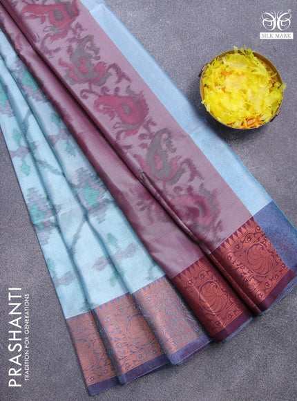 Banarasi semi tussar saree teal blue and wine shade with allover ikat weaves and copper zari woven border